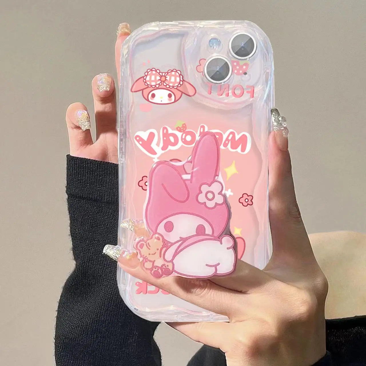 Cute Kuromi Melody Grip Tok Holder Wave Soft Phone Case For IPhone 15 Pro Max 14 11 12 13 Mini XR 6s 6 8 7 Plus X XS SE 2022