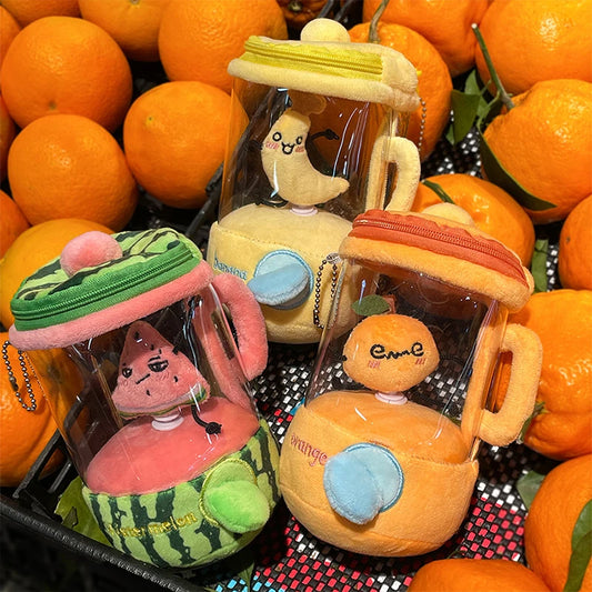 Cute Cartoon Fruit Juicer Plush Toy Keychain Funny Drawstring Rotating Stuffed Doll Keychain Creative Backpack Decoration Gifts