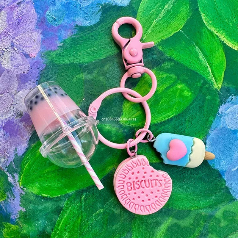 1Pcs New Cute Keychains Ice-cream Bubble Tea Biscuit Pink Key Rings Friendship for Best Friend Women Girl Handbag Gifts Jewelry