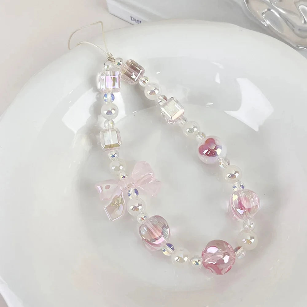 New Sweet Bow Cell Phone Chain Cute Beaded Sweet Bag Hangings Bow Anti-loss Anti-loss Lanyard Jewelry Women