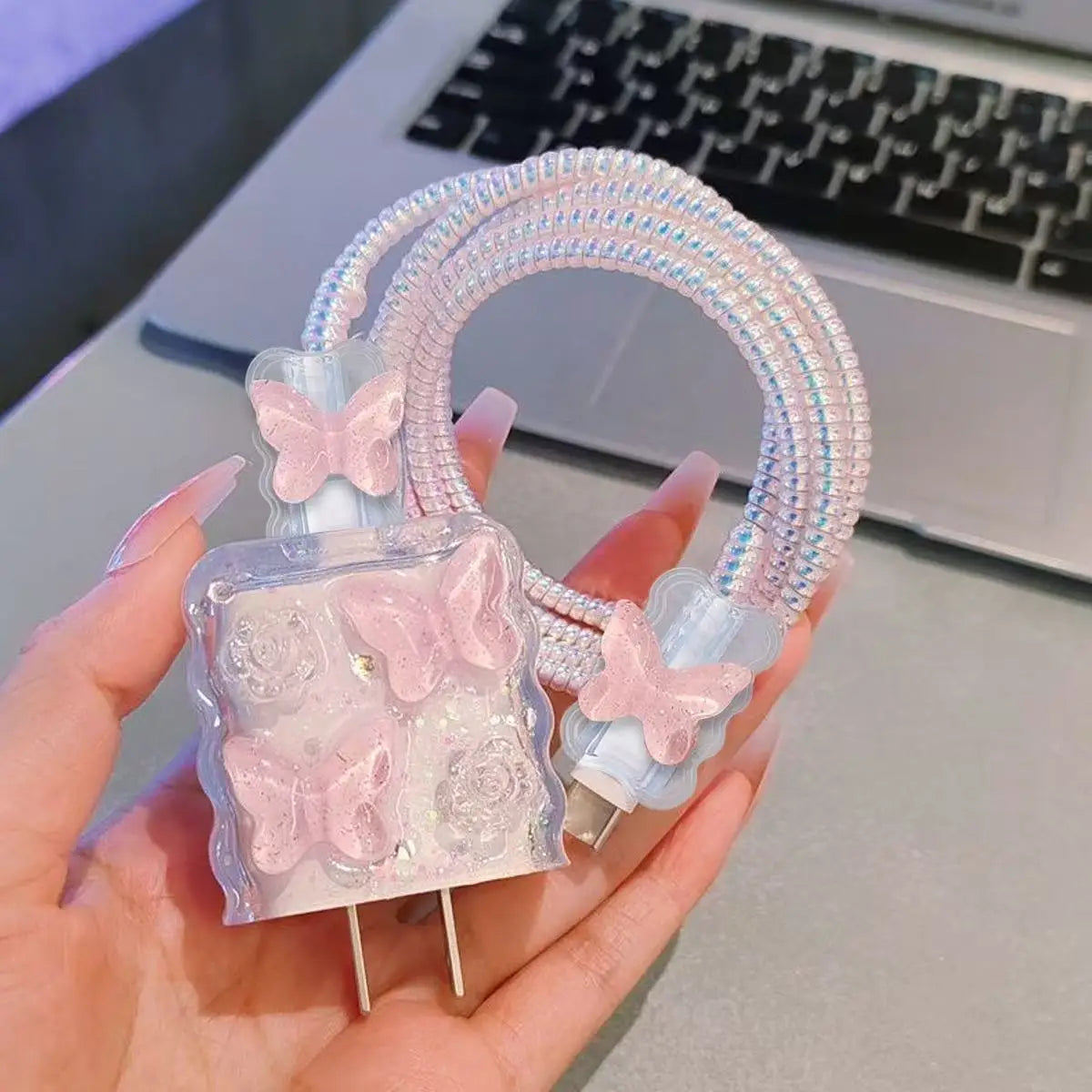 Kawaii Bow Charger Data Cable Case Protector Winding Kit for IPhone 16 15 20W Shining Bowknot Cellphone Charger Protective Case