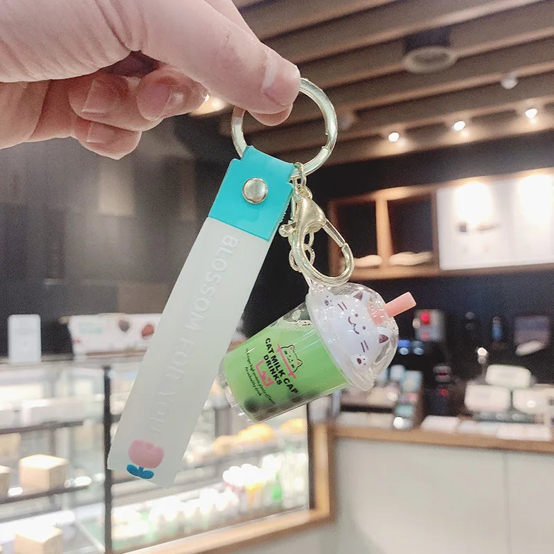 Cartoon Cat Liquid Milk Tea Cup Drinks Key Chain Flower Lanyard Cute Moving Quicksand Keychain For Women Bag Pendant Kids Gifts