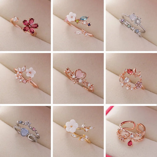 Korean Delicate Flowers Rings for Women Girls Temperament Micro-inlaid Crystal Zircon Finger Rings Party Jewelry Accessories