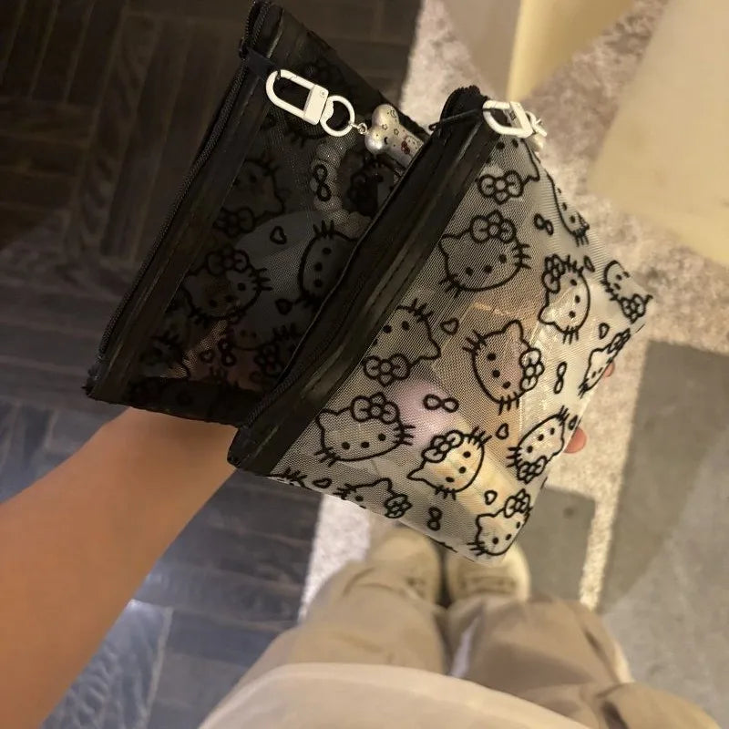 New 2025 Sanrio Hello Kitty Mesh Material Storage Bag Portable Zipper Coin Purse Creative Earphone Bag Cute Girls Cosmetic Bag