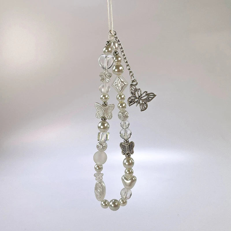 Vintage Butterfly Phone Chain Beaded Wrist Strap Mobile Phone Lanyard For Girls Fairy Sweet Phone Case Hanging Chain