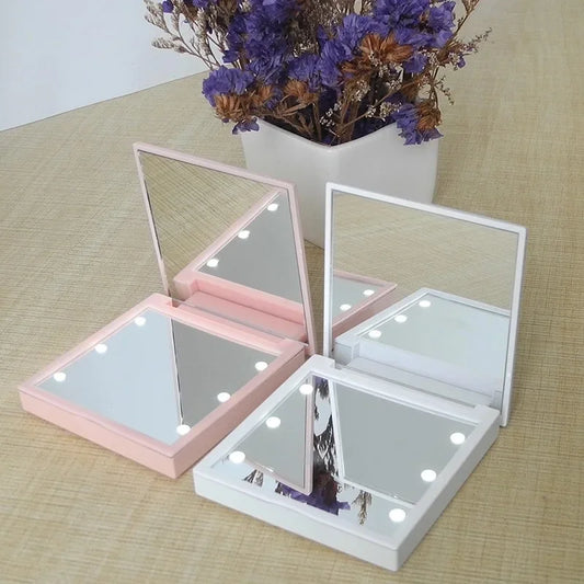 Makeup Mirrors 6 LED Lamps Women Foldable Lights Lady Cosmetic Hand Folding Portable Compact Pocket Mirror Makeup Tools