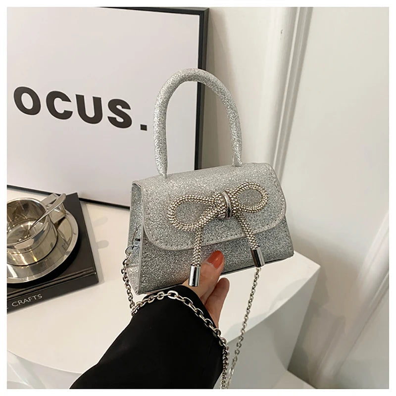 French Light Luxury Diamond Sparkling Mini Handbag Fashion Bowknot Design Chain Crossbody Bag Women's Summer New Night Club Bag